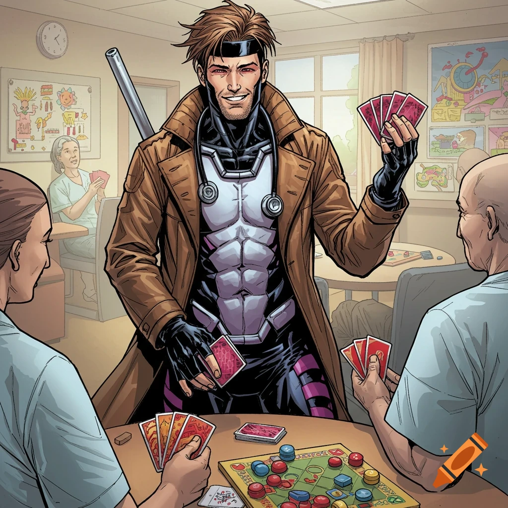 Comic art of Gambit as a recreational nurse playing cards and board games with elderly patients.