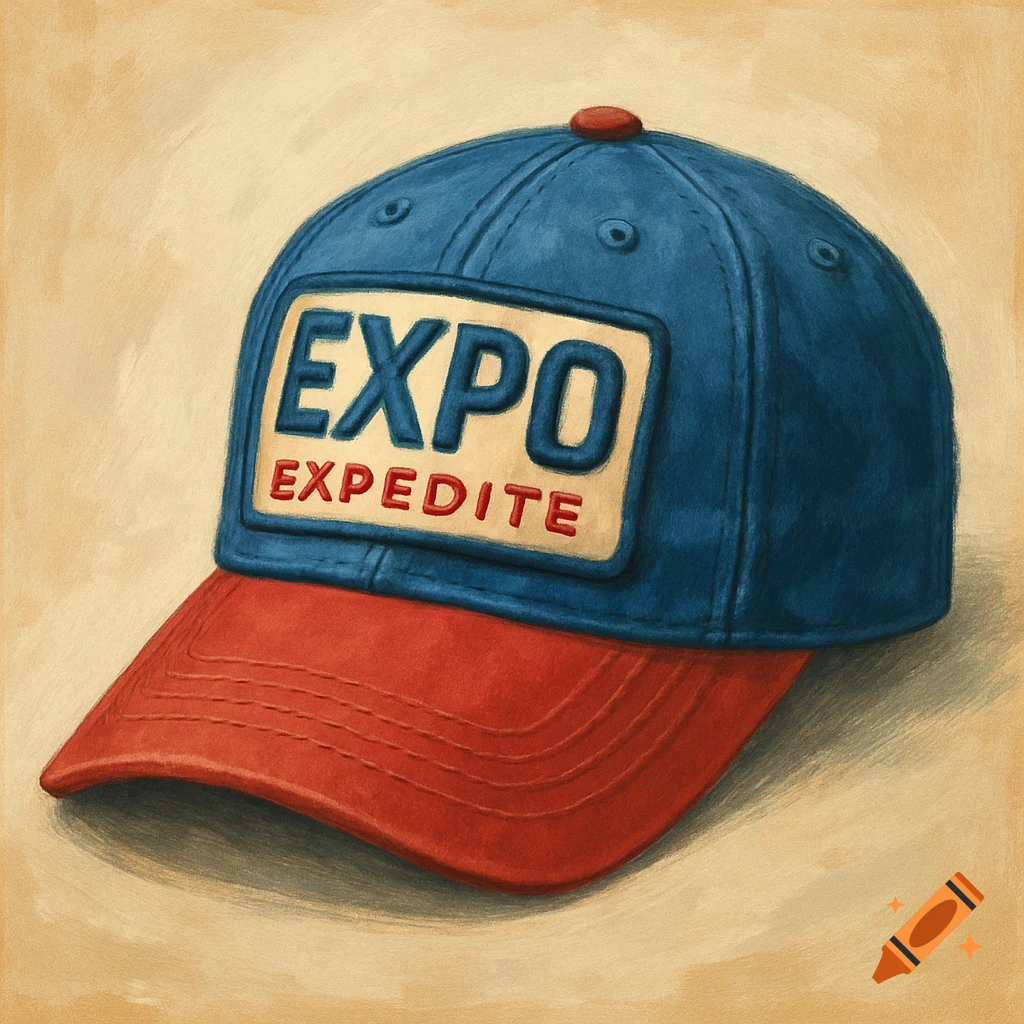 A blue baseball cap with a red brim. The cap has a white patch embroidered with 'EXPO' in blue and 'EXPEDITE' in red.
