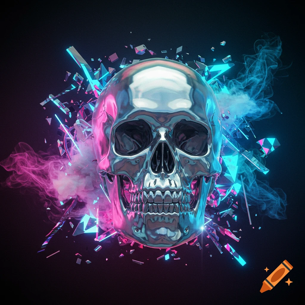 A shiny chrome skull surrounded by glowing pink and blue neon lights, smoke, and fragmented geometric shapes on a dark background.