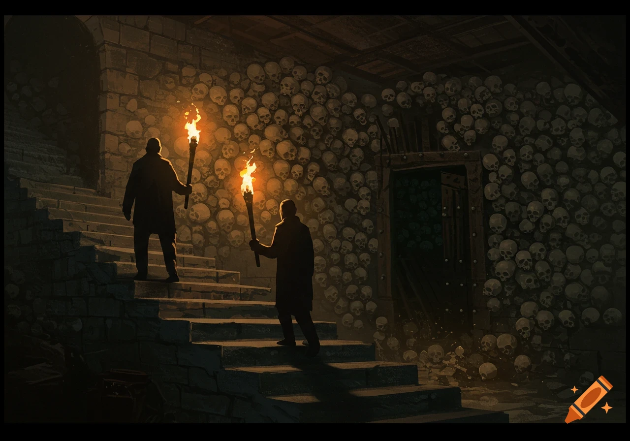 Two men holding torches walk down stone steps into a dark, skull-filled catacomb with walls covered in human skulls.