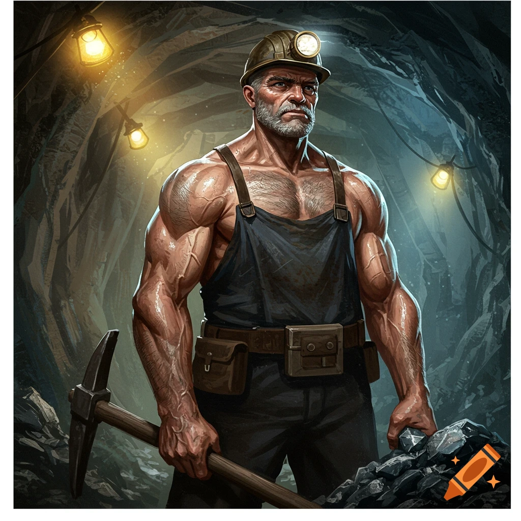 A muscular, grizzled miner holding a pickaxe stands in a dimly lit mine tunnel, illuminated by hanging lamps. Illustration.