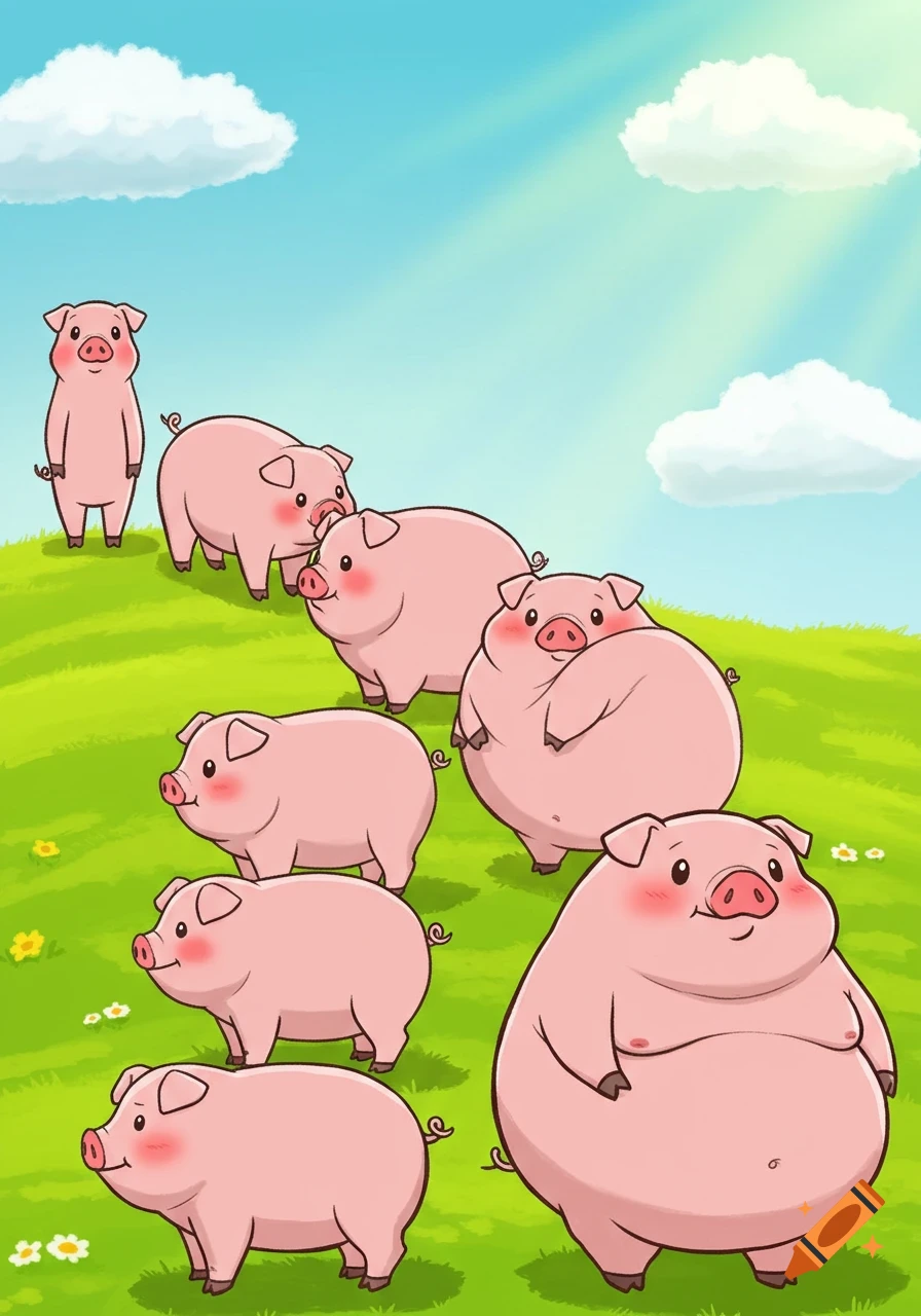 Seven cute cartoon pigs in a line on a grassy hill, progressively fatter from left to right, under a blue sky.