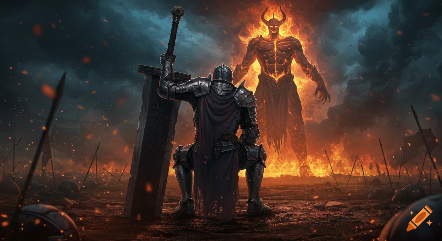 A kneeling knight in armor on a scorched battlefield faces a colossal fire god, a dark fantasy digital painting.