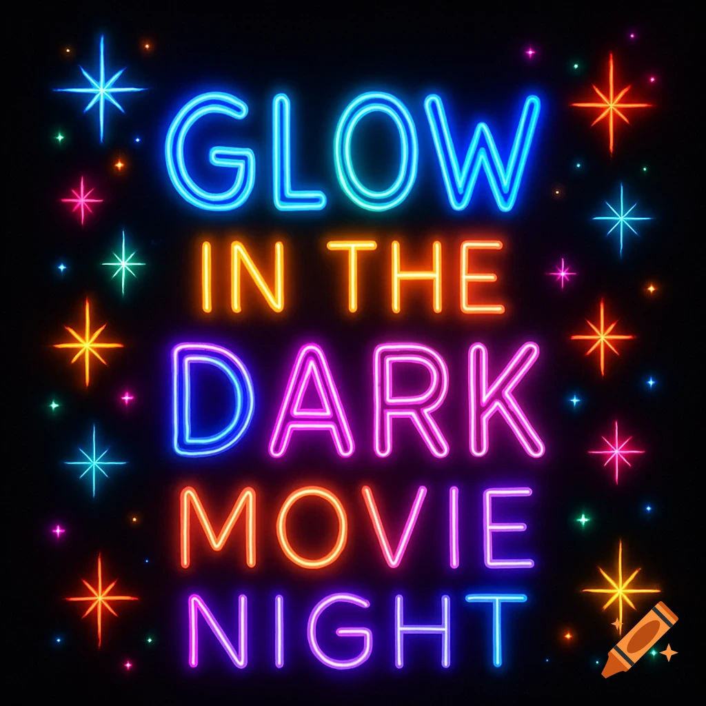 Neon sign glowing with 'Glow in the Dark Movie Night' text and colorful sparkles on a black background.