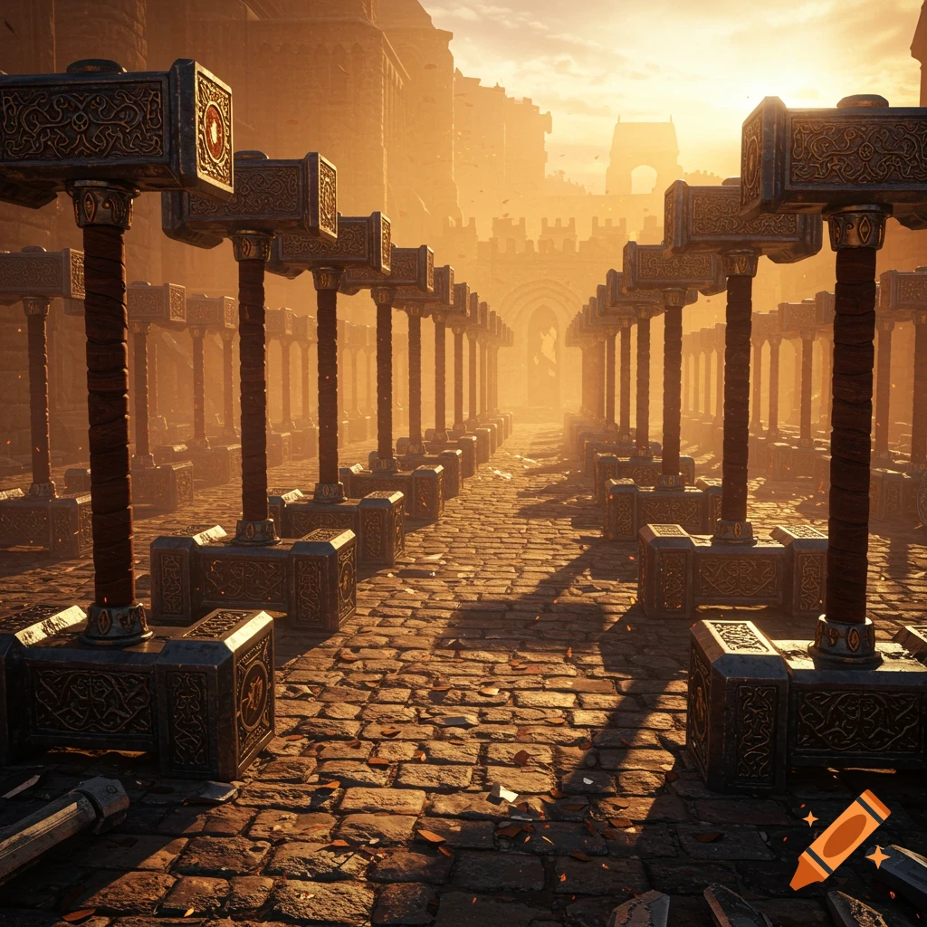 A long cobblestone pathway lined with many large ornate warhammers leads to a castle gate at sunset, in a fantasy setting.