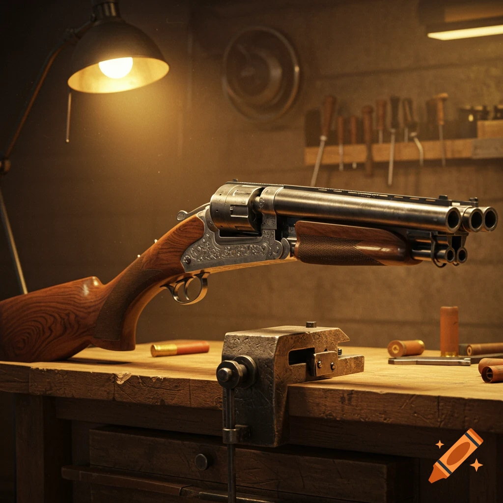Photorealistic four-barreled shotgun on a wooden workbench with a lit lamp.