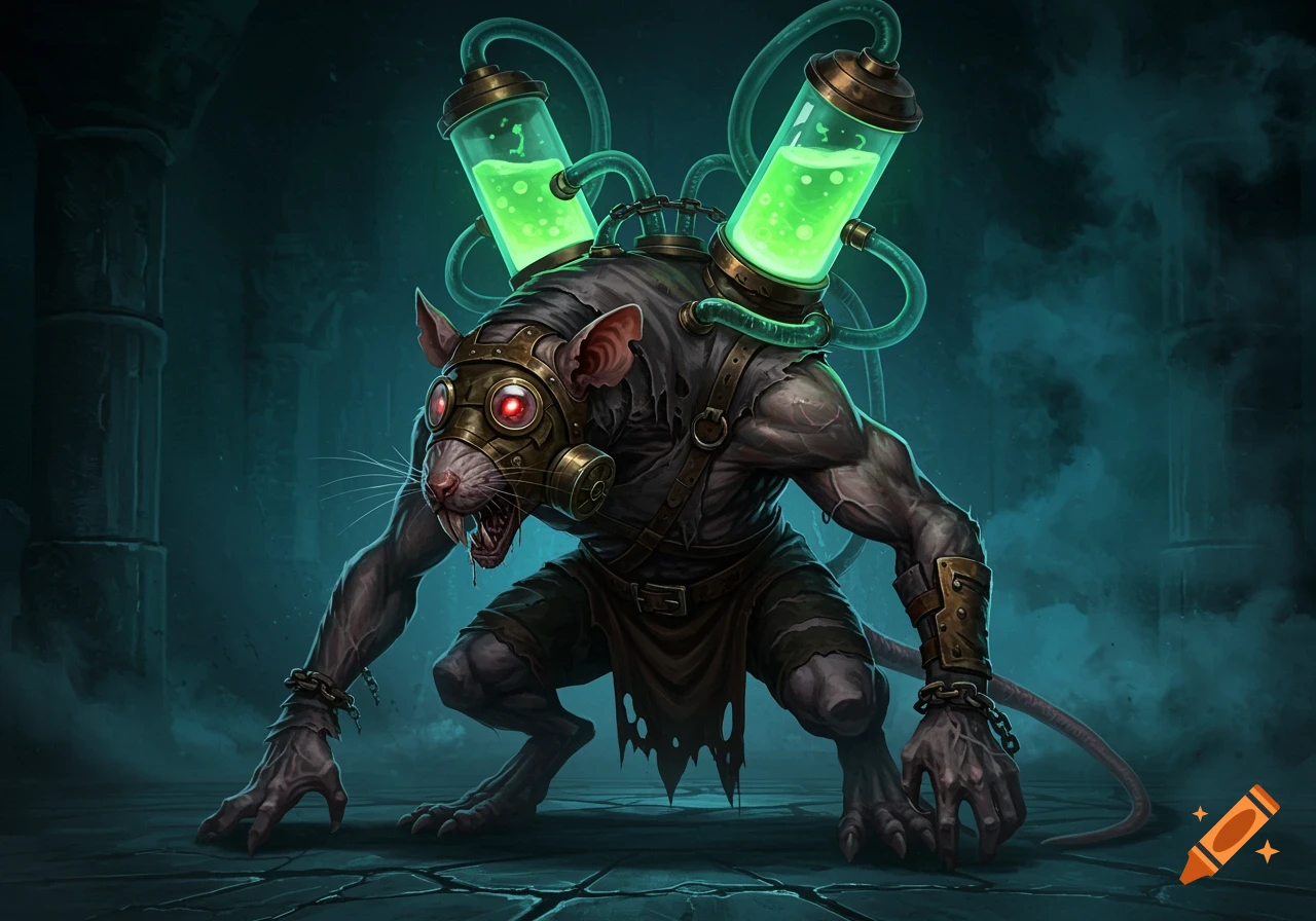 A humanoid rat monster wearing a gas mask with glowing liquid tanks on its back, in a dark, mysterious setting.