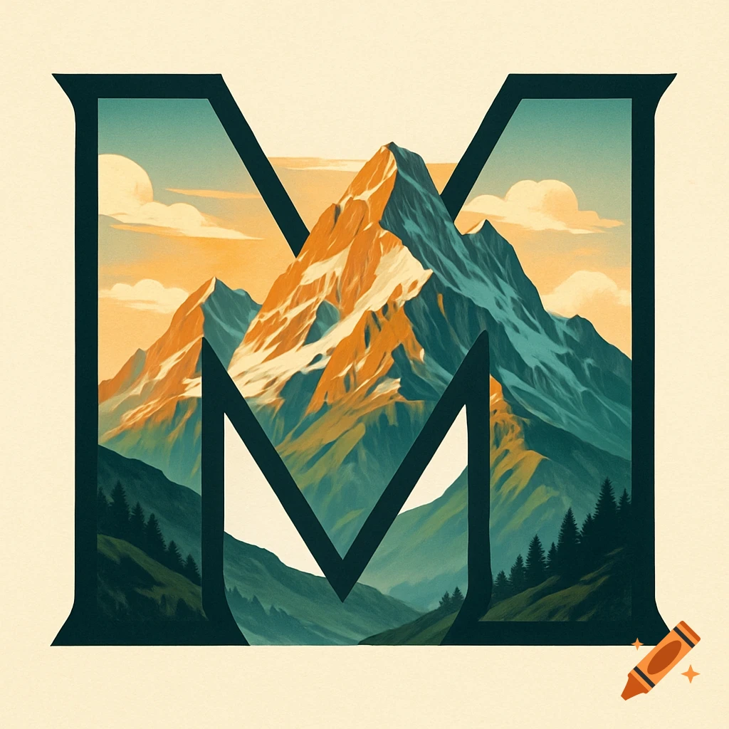 A stylized letter M frames a vibrant landscape with a towering mountain, green foothills, and a sky with clouds.