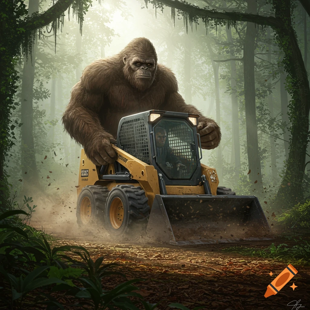 A large, furry Bigfoot operates a yellow skid steer in a lush, misty forest, kicking up dust.