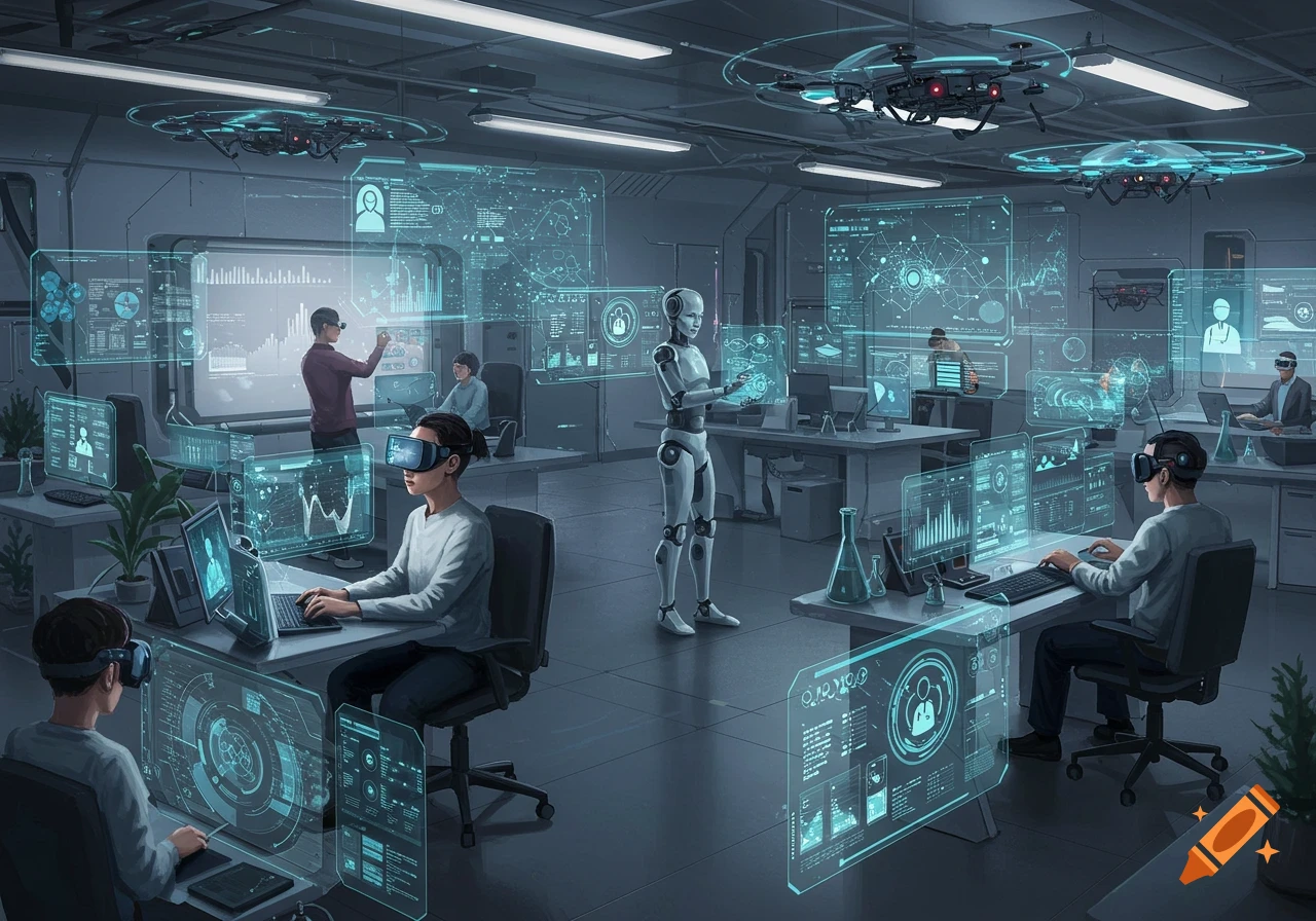 An illustration of a futuristic UX research lab with people in VR headsets, a robot, and floating holographic displays showing data and graphs.