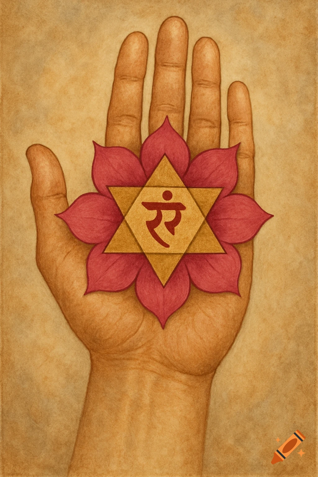 Illustrated palm of a hand with a red lotus flower containing a golden triangle with the Sanskrit symbol '"रं".