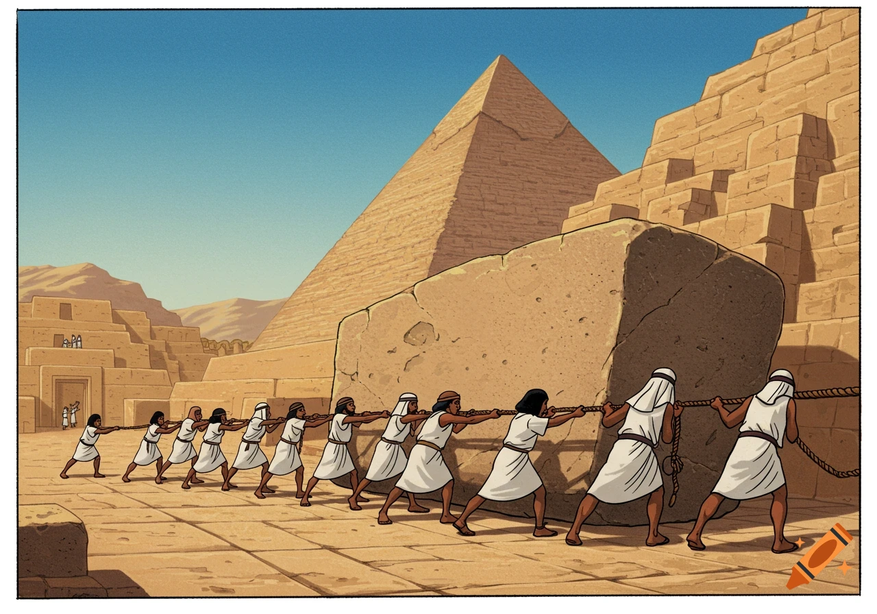 People in ancient Egypt, in The Prince of Egypt style, pull a large stone block towards a pyramid under a clear sky.