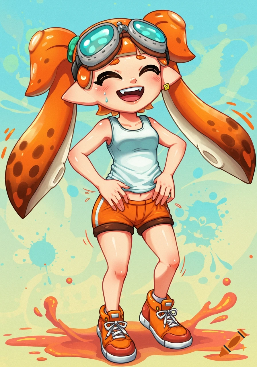 A cheerful cartoon Inkling girl with orange tentacle hair and goggles smiles, wearing a white tank top and orange shorts, standing in a splash of orange ink.