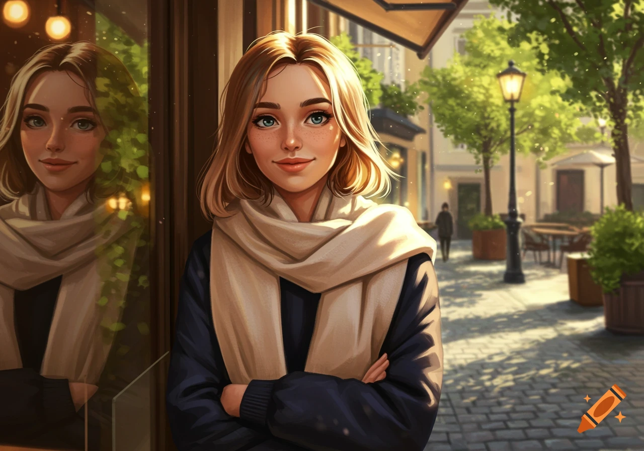 Stylized portrait of a young woman with a scarf standing on a sunlit street.