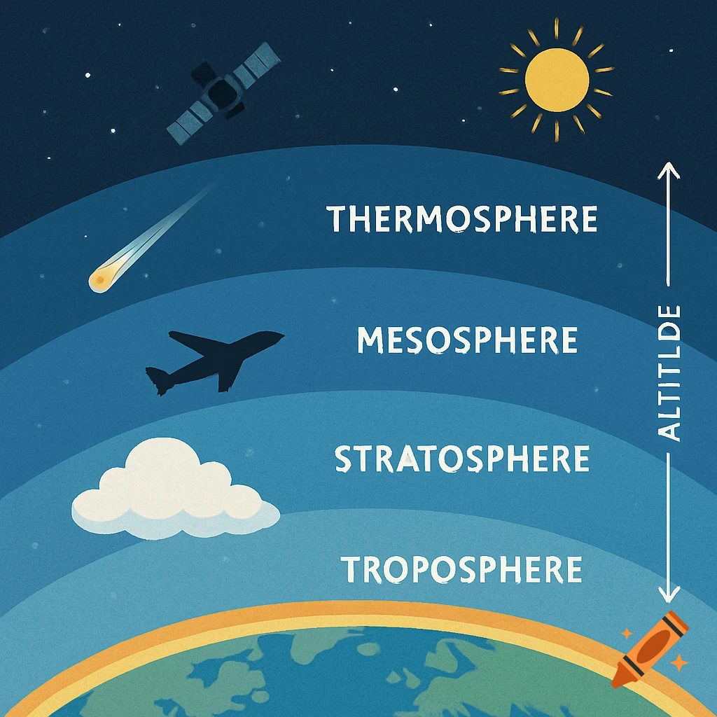 An illustration showing a cross-section of Earth's atmosphere with layers labeled Troposphere, Stratosphere, Mesosphere, and Thermosphere, alongside an altitude arrow.