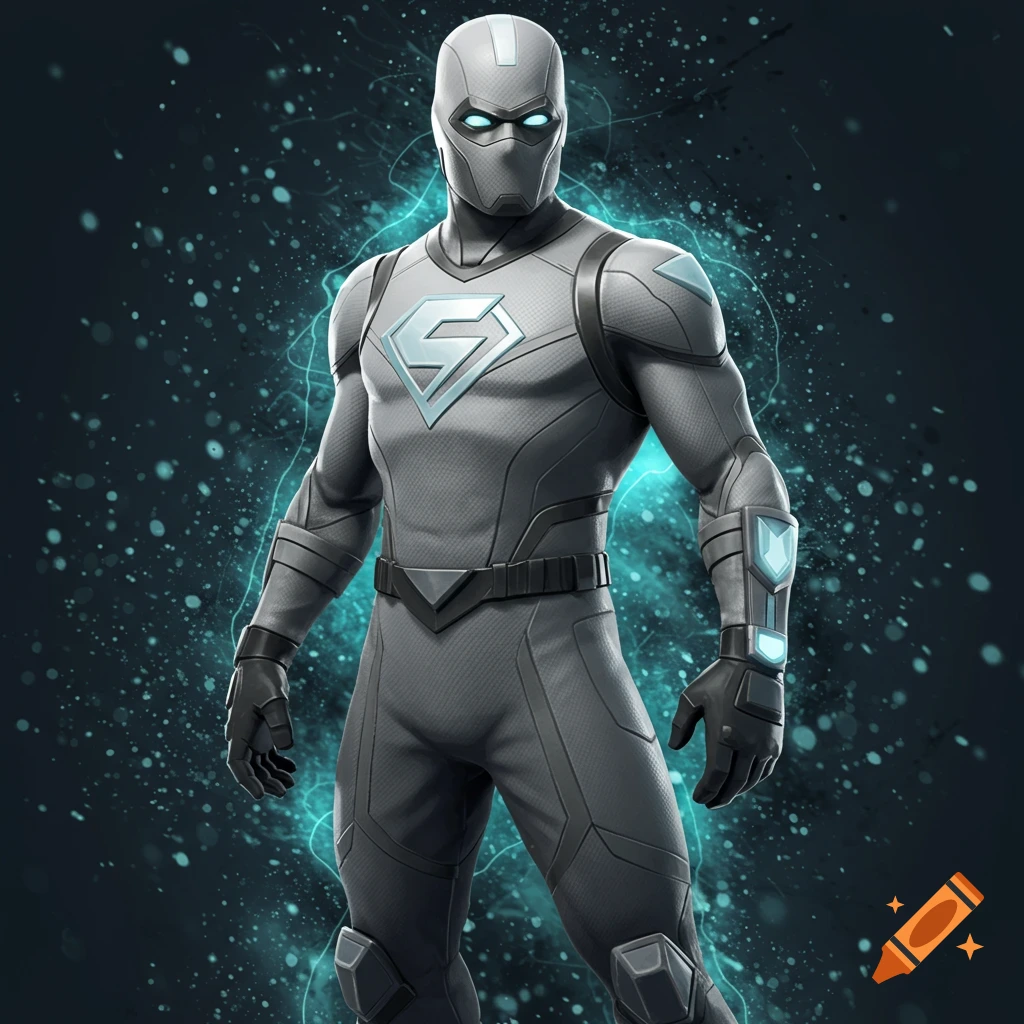 A grey superhero in a sleek suit with a glowing S symbol on the chest and glowing eyes, against a dark background with blue energy.