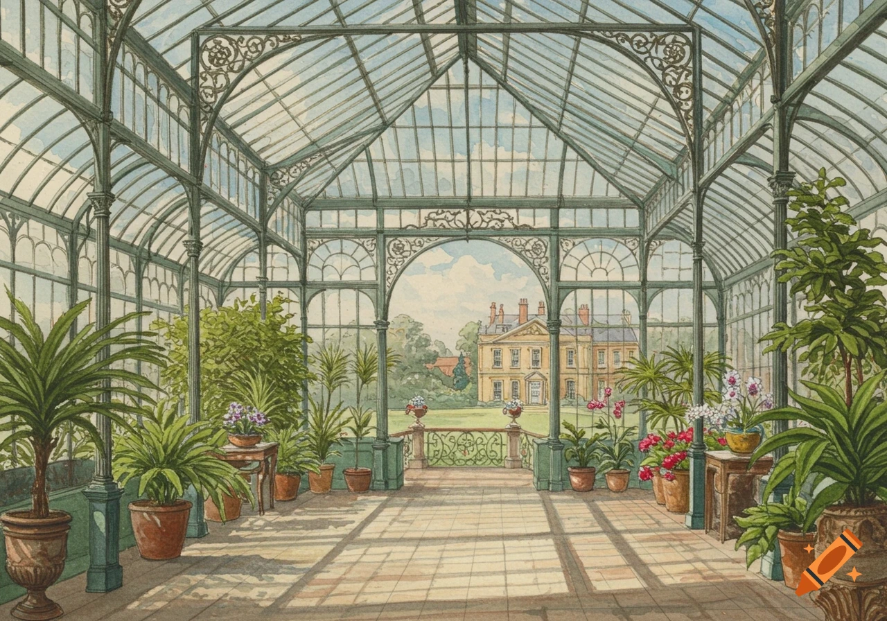 A watercolor painting of a grand Victorian conservatory filled with potted plants, looking out through an archway to an English manor house.