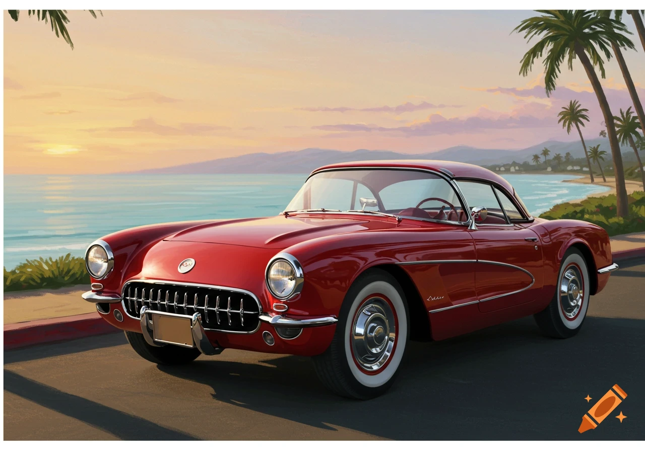 A red 1950s Corvette C1 parked along a coastal road with palm trees and an ocean sunset.