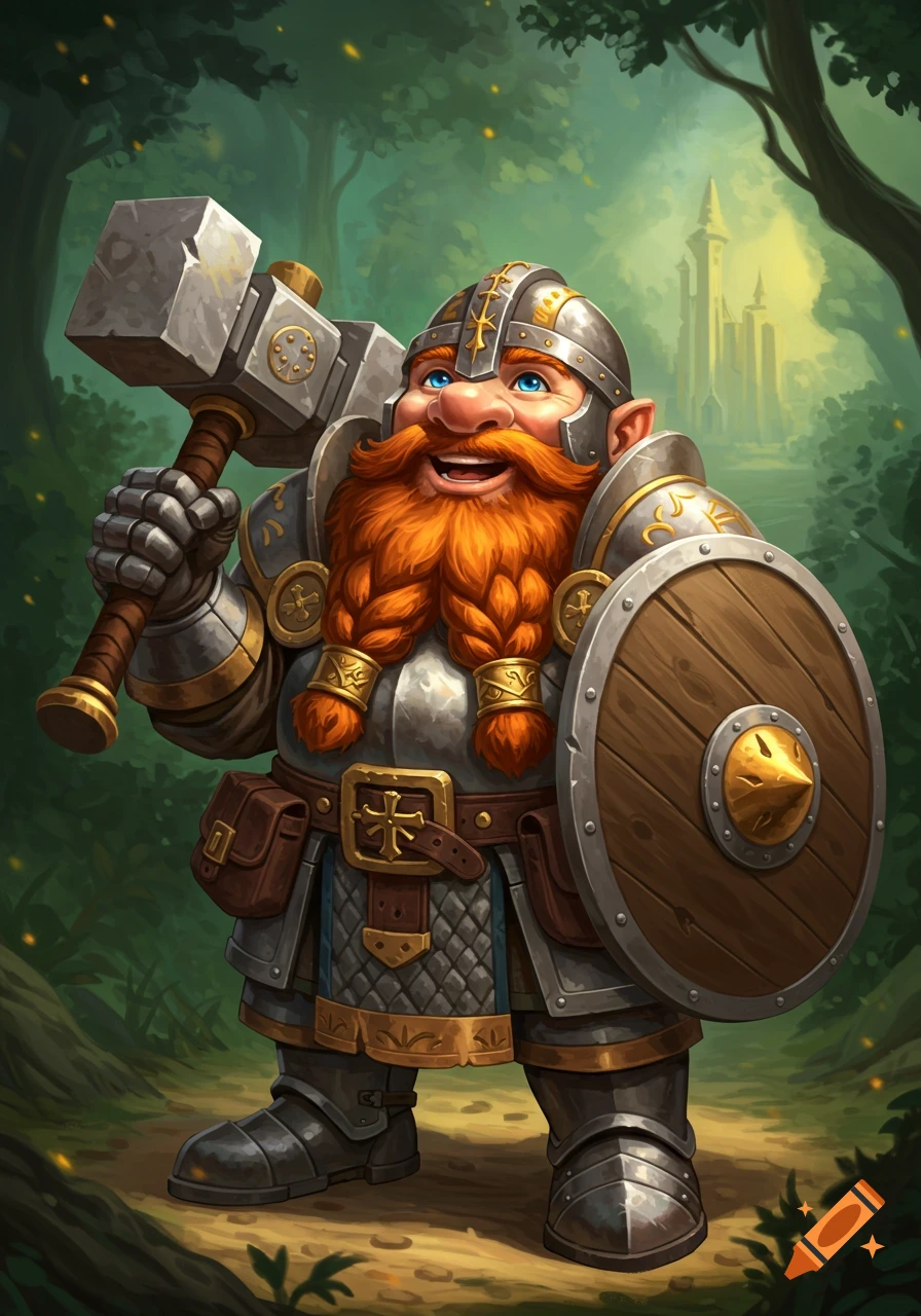 A happy dwarf paladin in armor holding a warhammer and shield, standing in a lush forest with a castle in the background. Illustrated fantasy style.