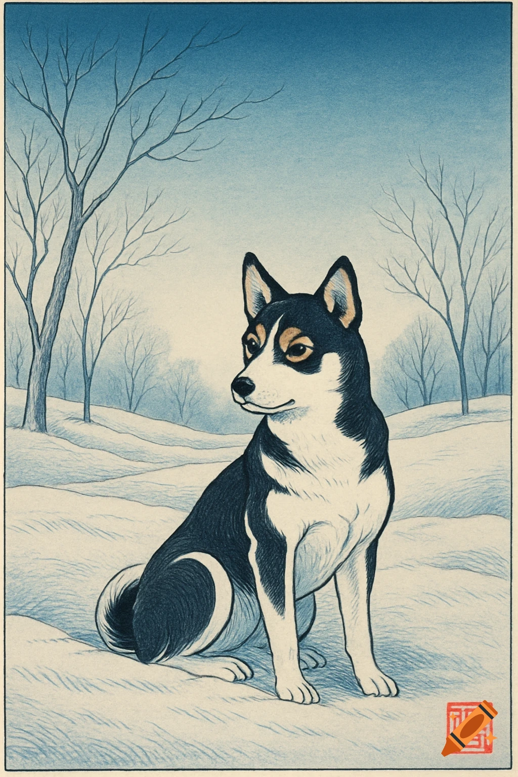 A black and white dog with upright ears sits in a snowy field, depicted in a Japanese ukiyo-e woodblock print style.