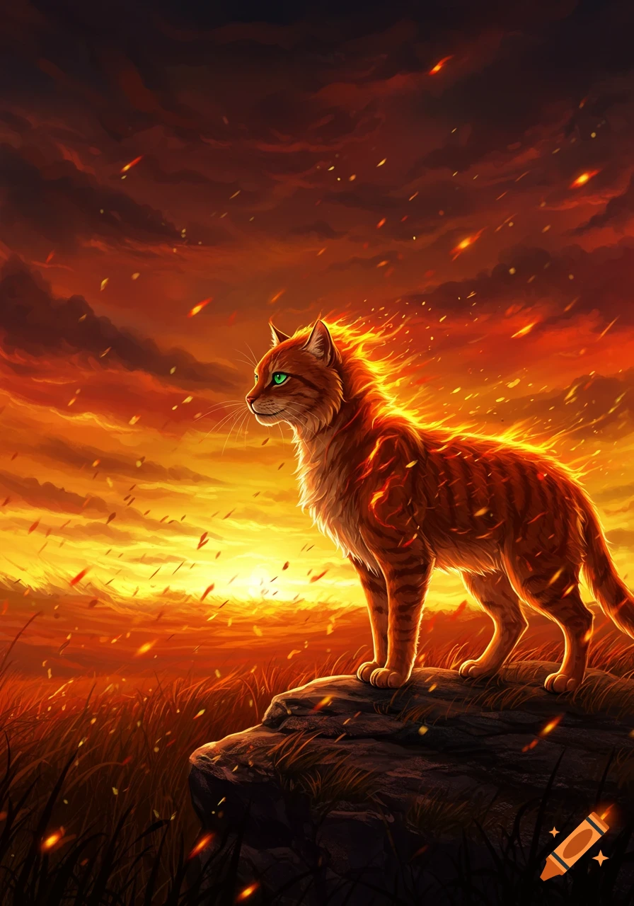 An orange tabby cat with fiery fur stands on a rock at sunset, embers float in the air.