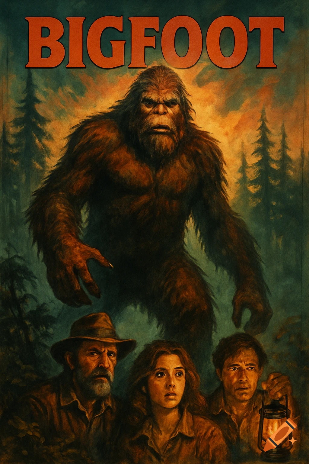 Vintage movie poster featuring a large Bigfoot towering over three frightened people in a dark forest, with the title 'BIGFOOT'.