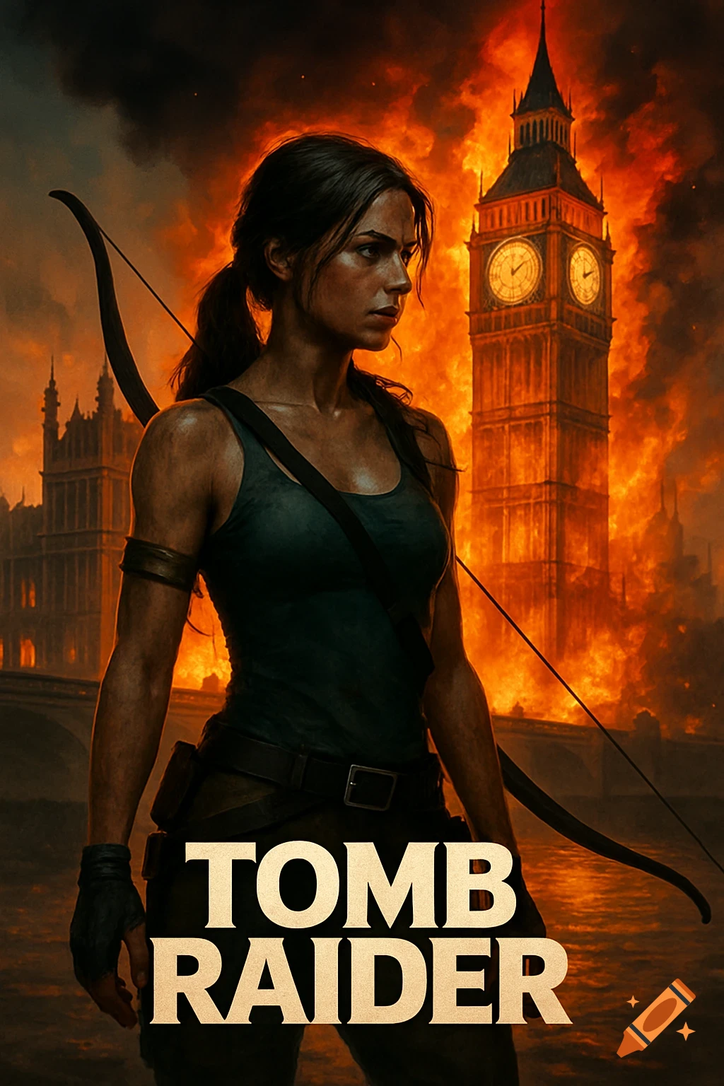 Lara Croft with a bow stands in front of Big Ben engulfed in flames. 'TOMB RAIDER' text at the bottom. Photorealistic poster.