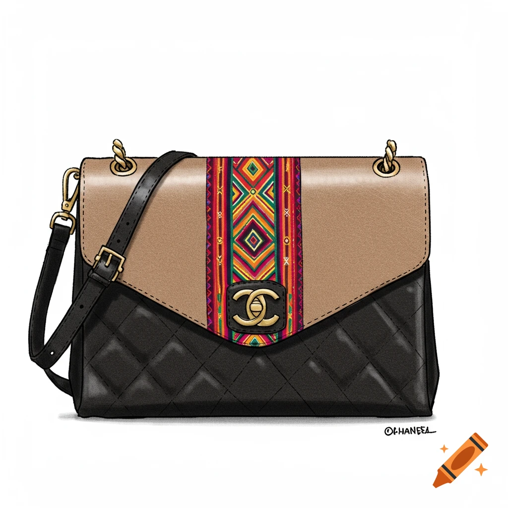 An illustration of a stylish handbag with a beige flap, a black quilted body, and a vibrant, colorful strip featuring geometric patterns in the center, accented with a gold interlocking C logo.