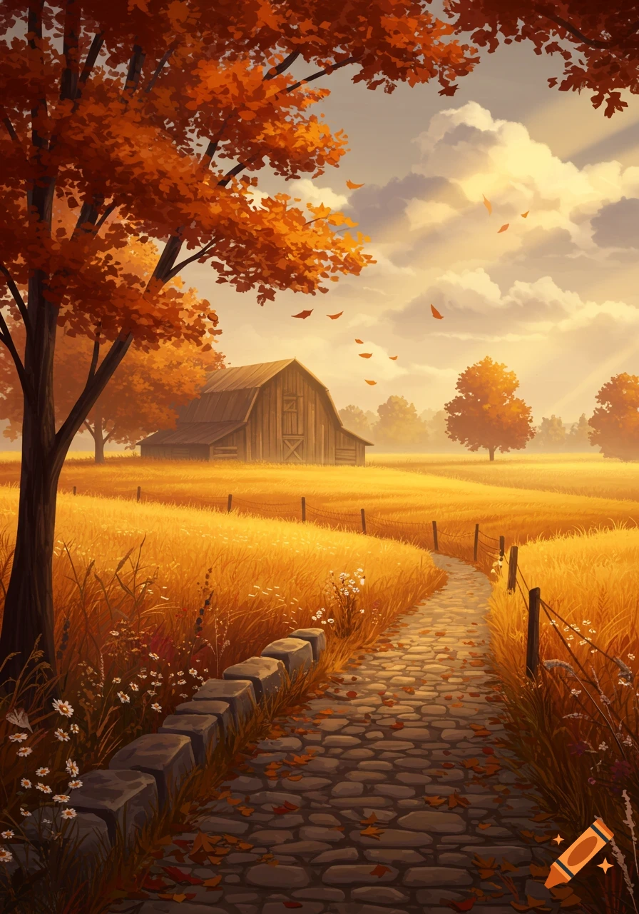 An illustrated autumn landscape featuring a barn in a golden field, a stone path with fallen leaves, and vibrant orange trees under a cloudy sky.