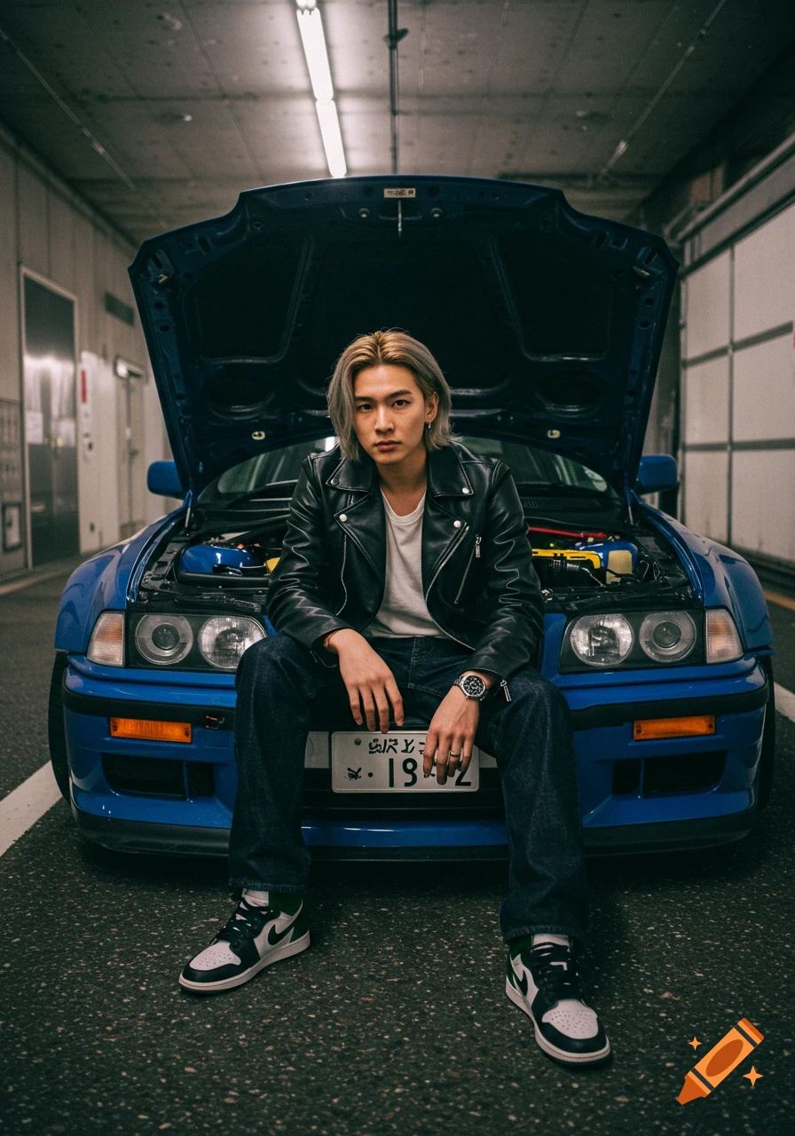 A man with light hair wearing a black leather jacket, white shirt, baggy jeans, and sneakers sits on the front of a blue car with its hood open in a dimly lit garage.