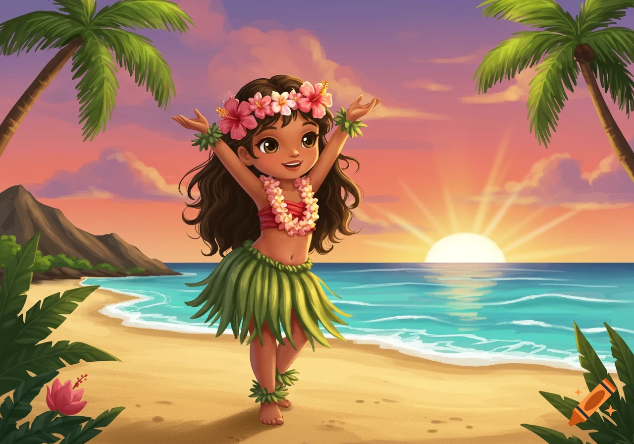 A cute cartoon hula girl with a flower lei and grass skirt dances on a sandy beach at sunset.