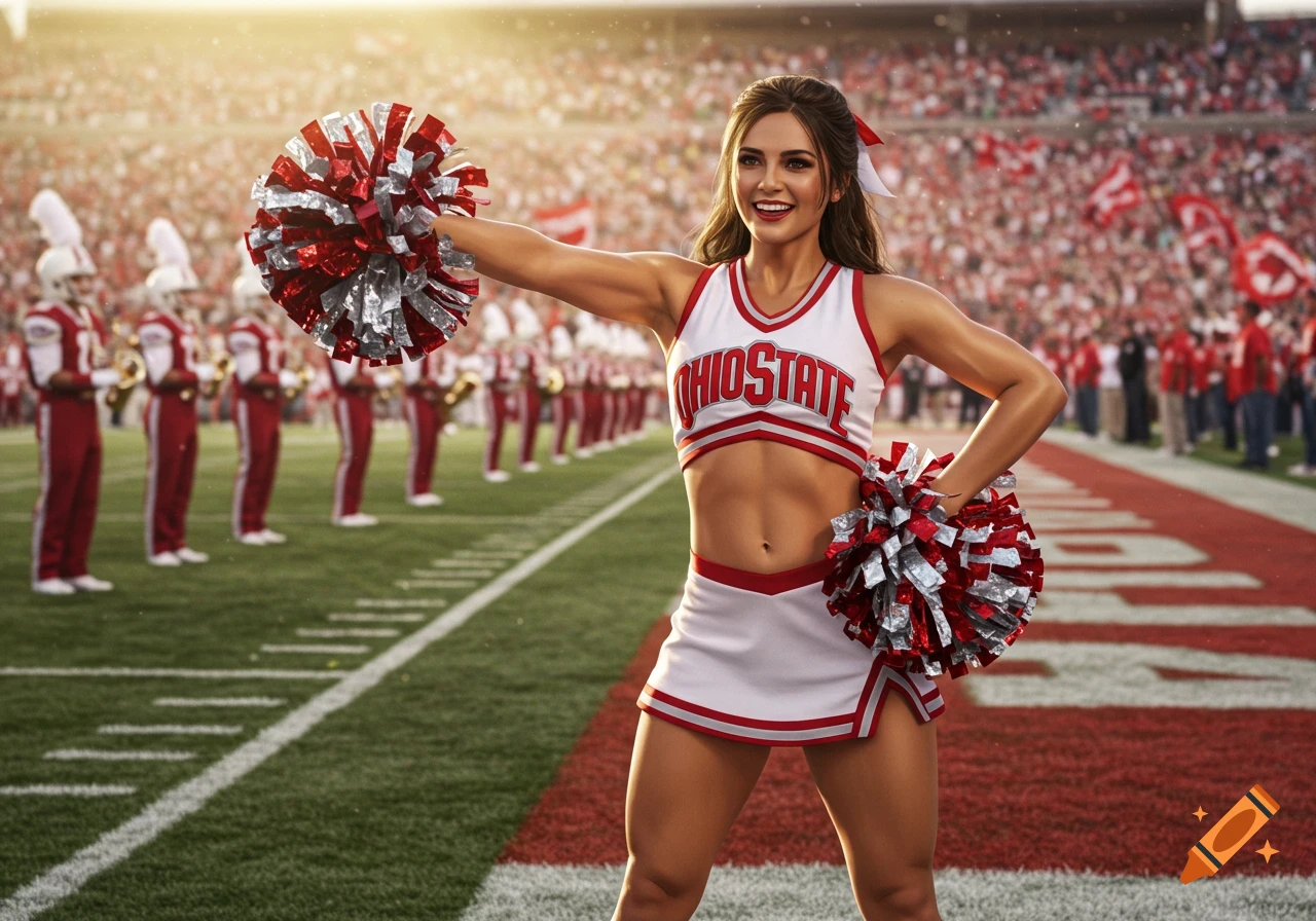 Photorealistic female Ohio State cheerleader on a sunny football field, smiling with red and silver pom-poms. Background crowd and band.