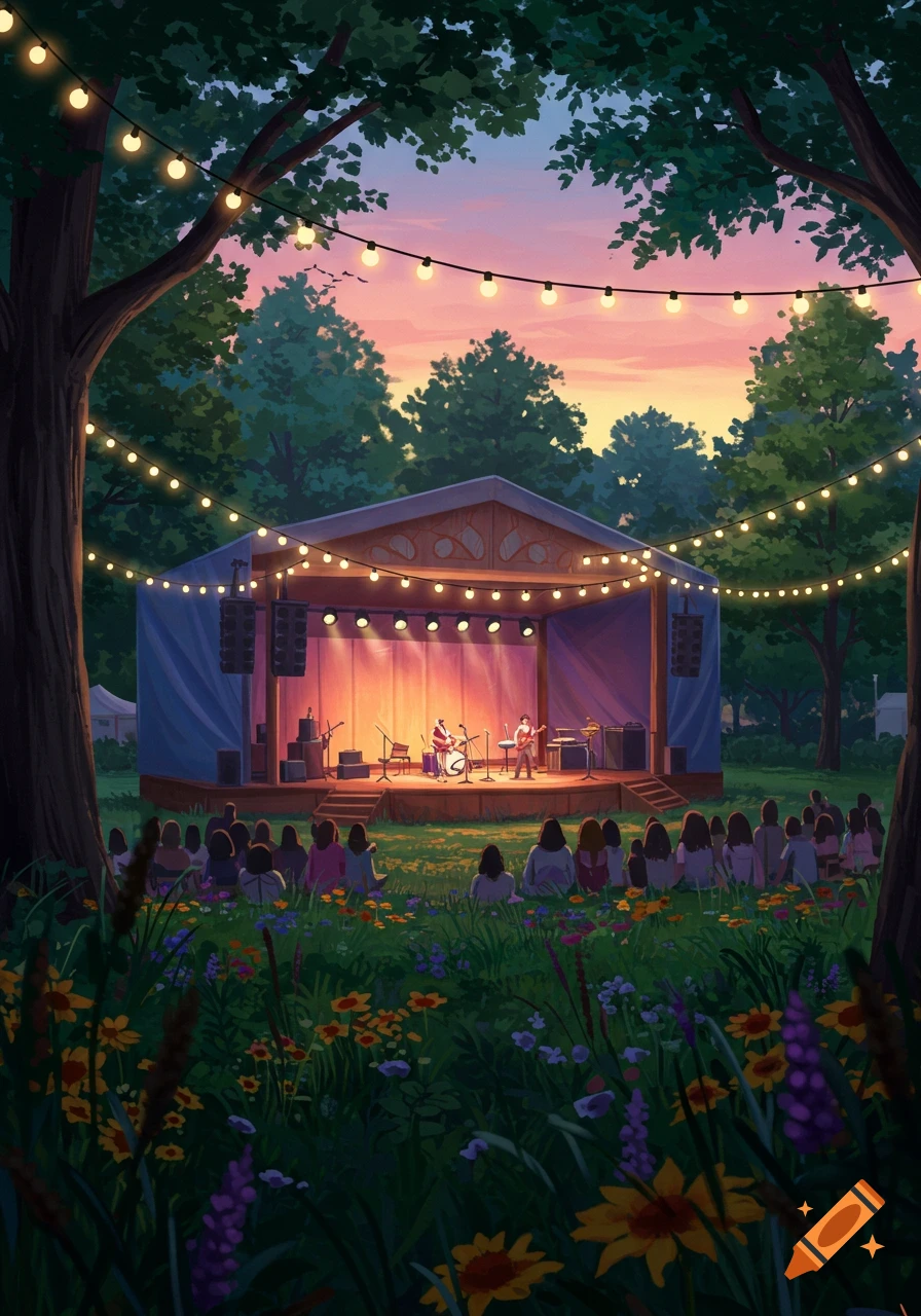 Illustrated view of an outdoor music concert at sunset with a band on stage and an audience sitting in a grassy park under string lights.