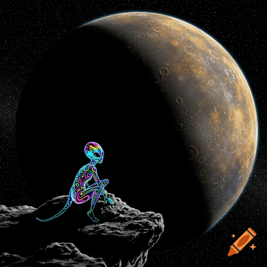 A brightly colored alien sits on a dark asteroid, looking at a large, cratered planet under a starry sky.