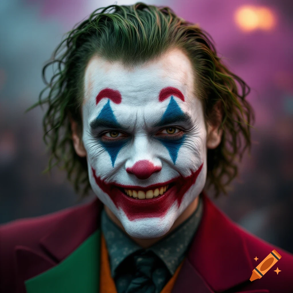 Close-up portrait of the Joker with green hair and clown makeup, smiling menacingly. Photorealistic style.