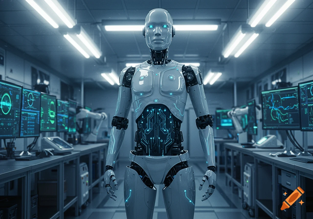 A photorealistic image of a white and black humanoid robot standing in a futuristic laboratory with glowing blue screens.