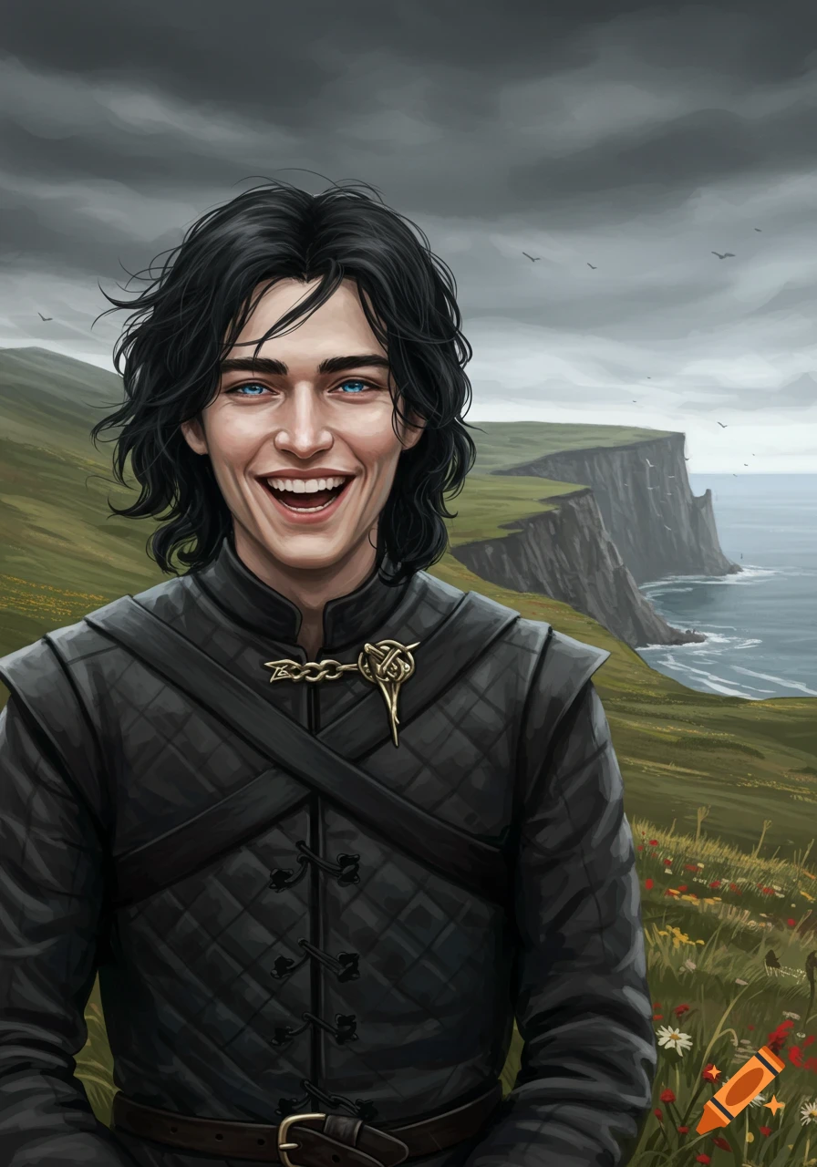 A smiling man with black hair and bright blue eyes wears a dark quilted tunic, standing on a grassy cliff overlooking a stormy sea.