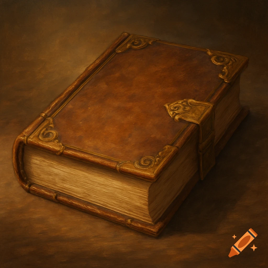 An ornate antique book with a brown leather cover and golden clasps resting on a dark surface in a painterly style.