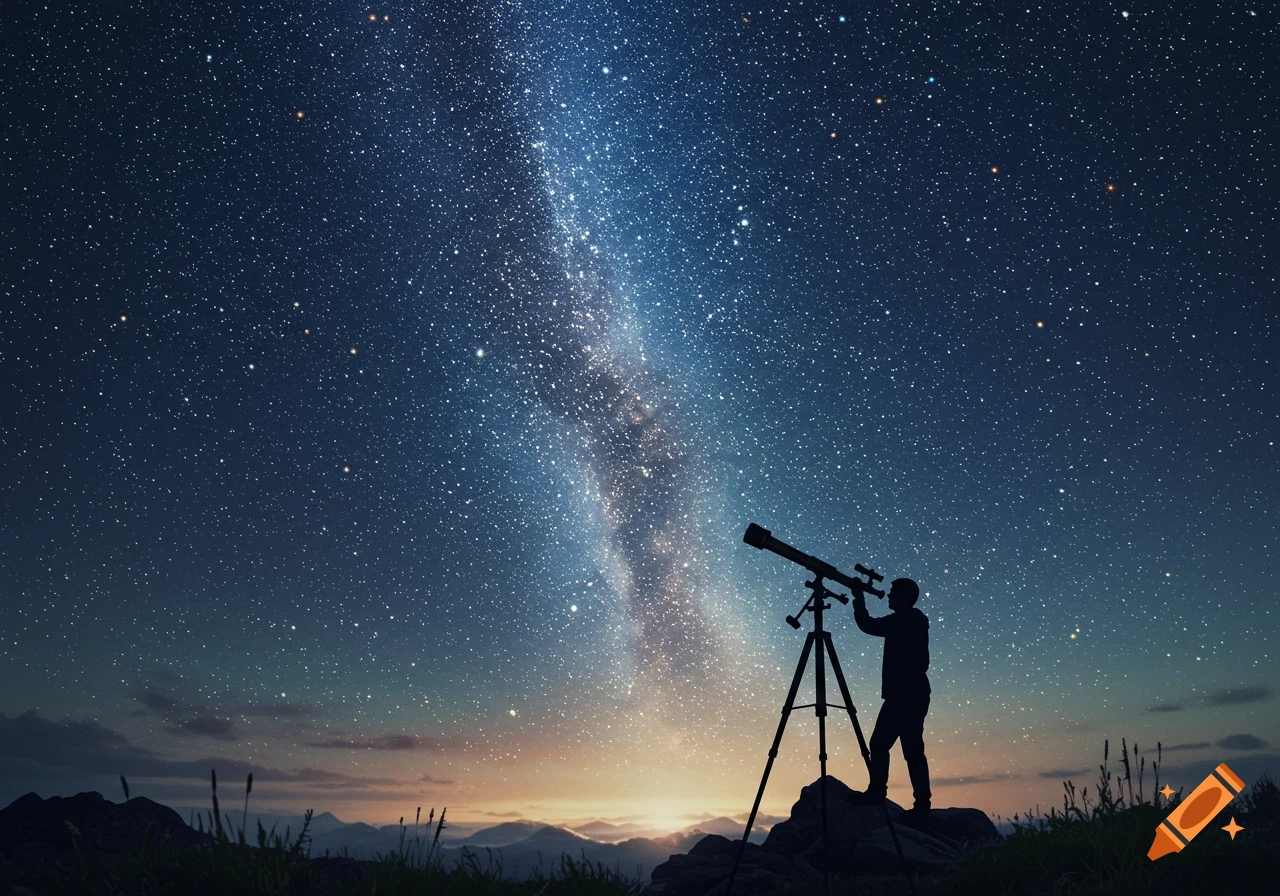 Silhouette of a person using a telescope to observe the Milky Way and stars in a vast night sky over mountains.