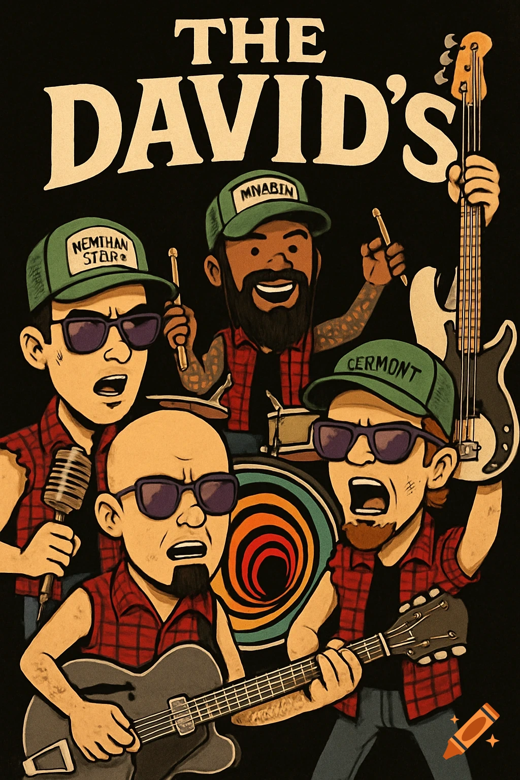 A cartoon rock band logo featuring five stylized band members, some with green hats, red flannel shirts, and purple sunglasses, against a black background with a colorful target design.