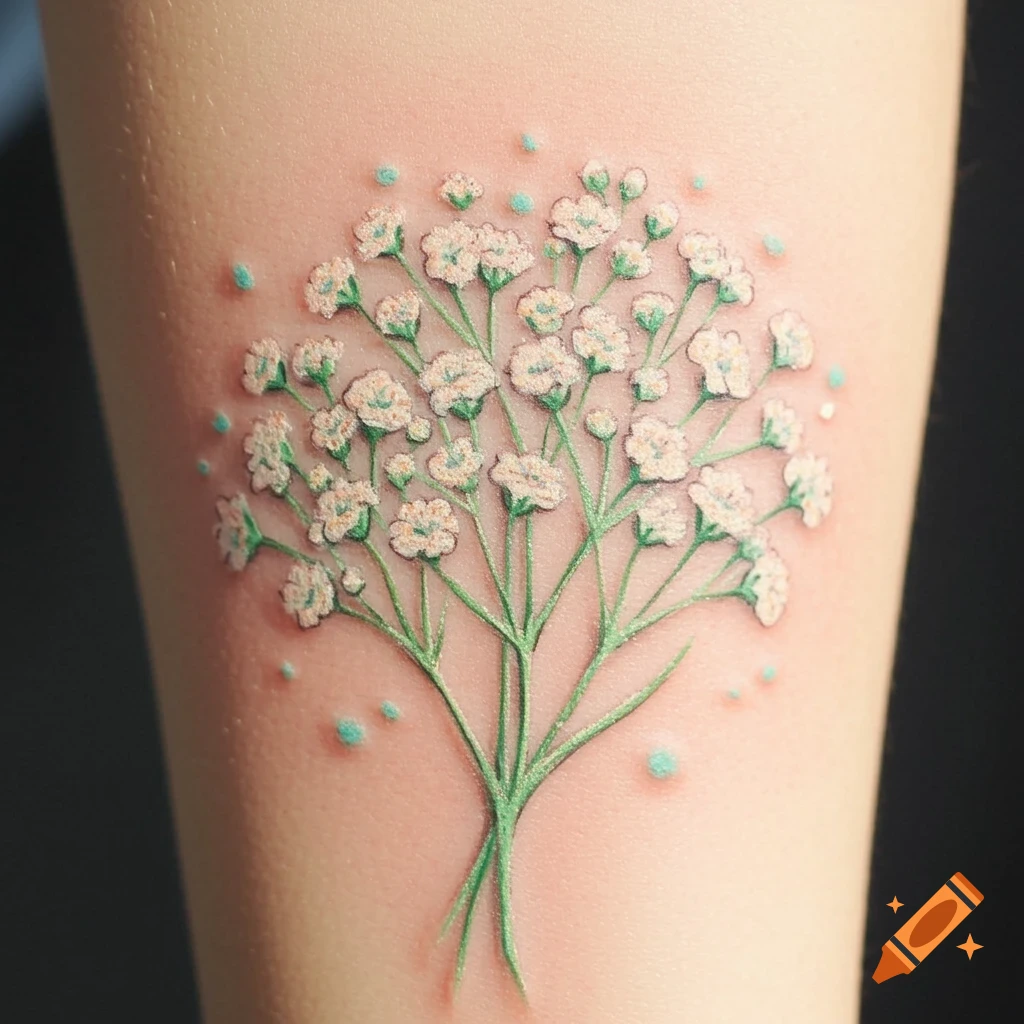Crayon style tattoo of delicate white gypsophila flowers with green stems on skin.