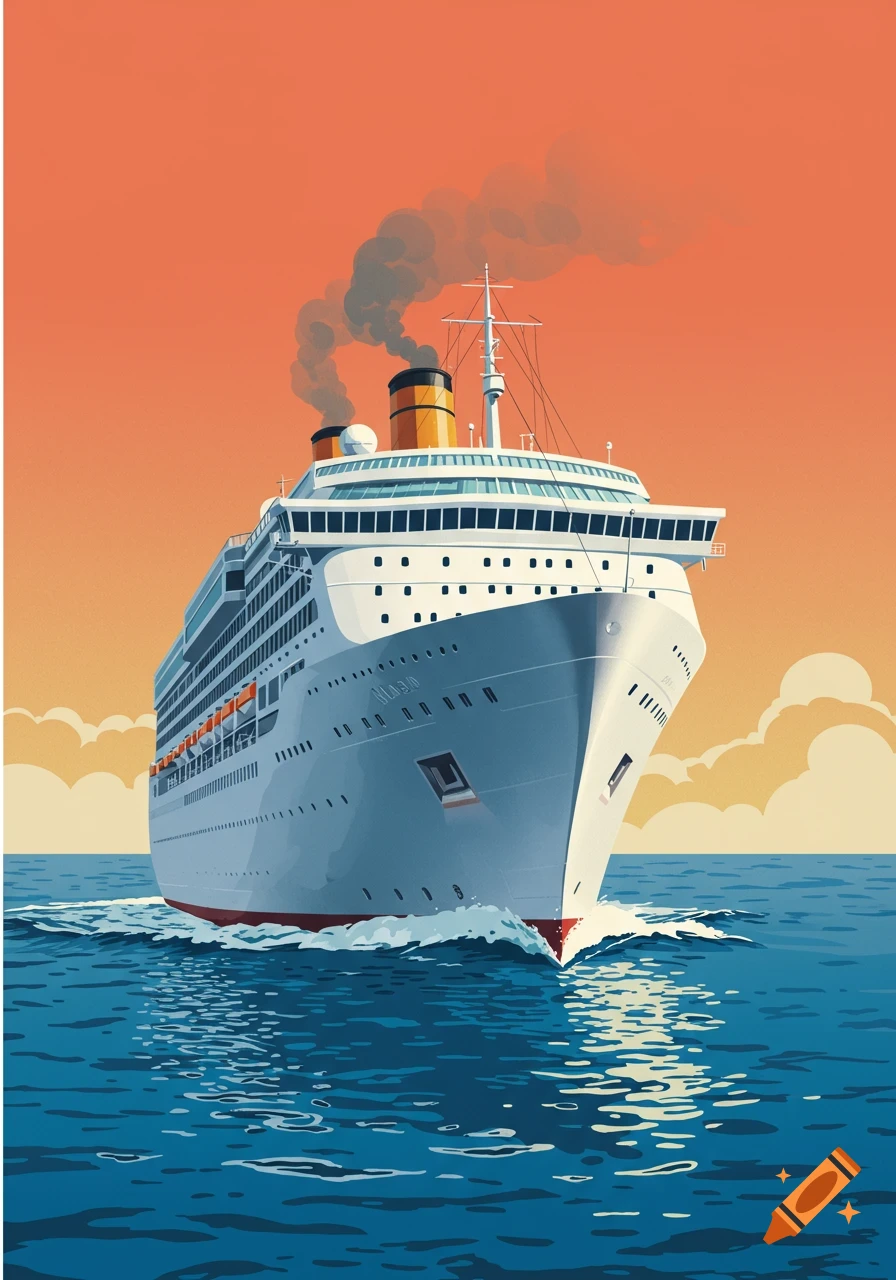 A stylized illustration of a large cruise ship sailing on blue water with a foamy wake against an orange and yellow sky.