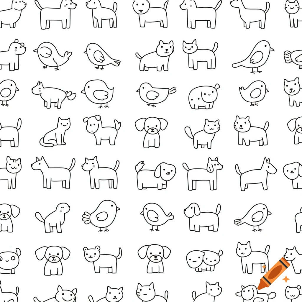 A repeating pattern of simple black and white outline drawings of dogs, cats, and birds.