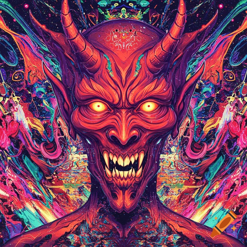 Close-up of a red-skinned demon with glowing yellow eyes and sharp teeth, set against a vibrant, swirling psychedelic background.