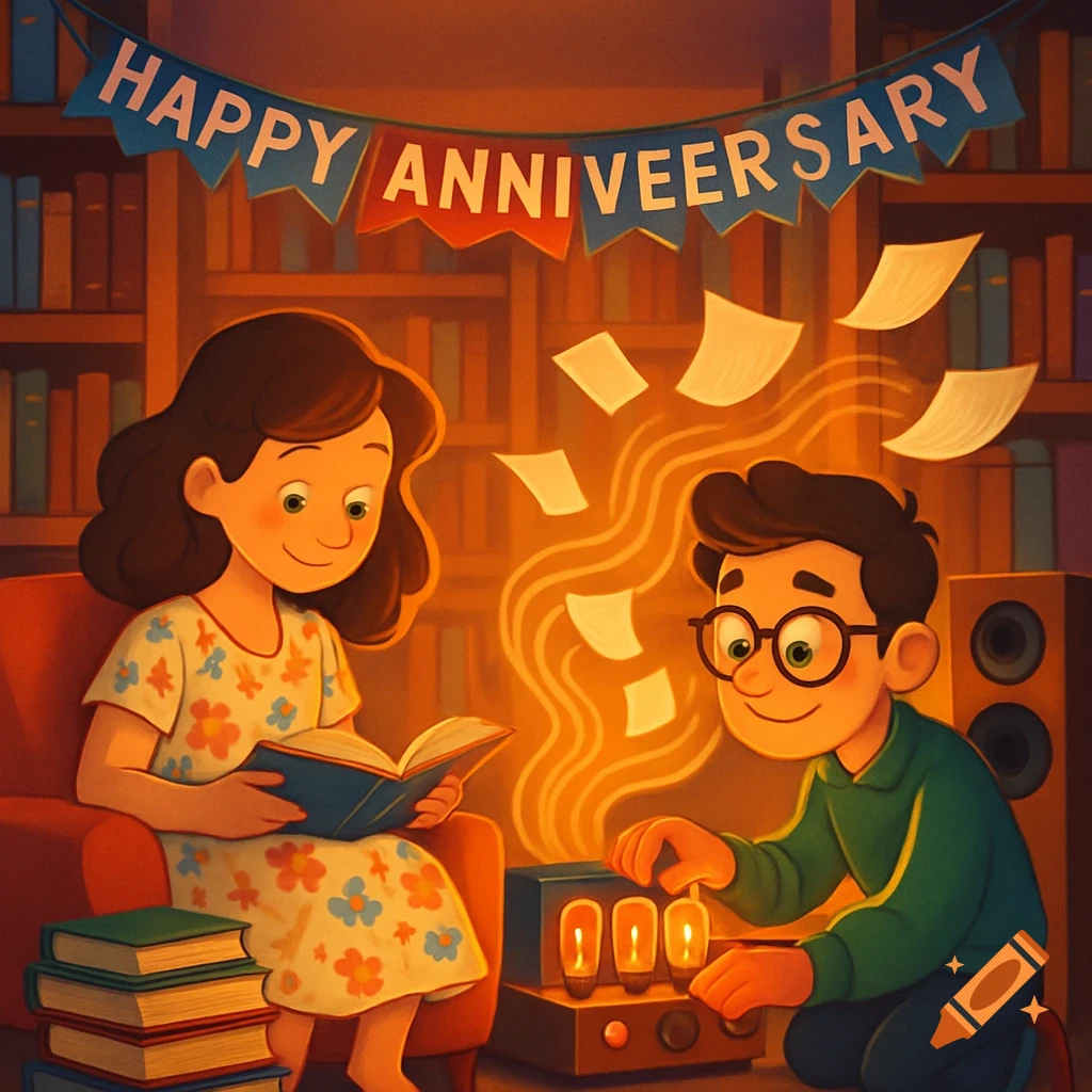 Pixar-style cartoon of a couple in a cozy library with warm lighting. A woman reads a book while a man adjusts a glowing tube amplifier, from which pages float towards a banner that reads 'Happy Anniveersary'.