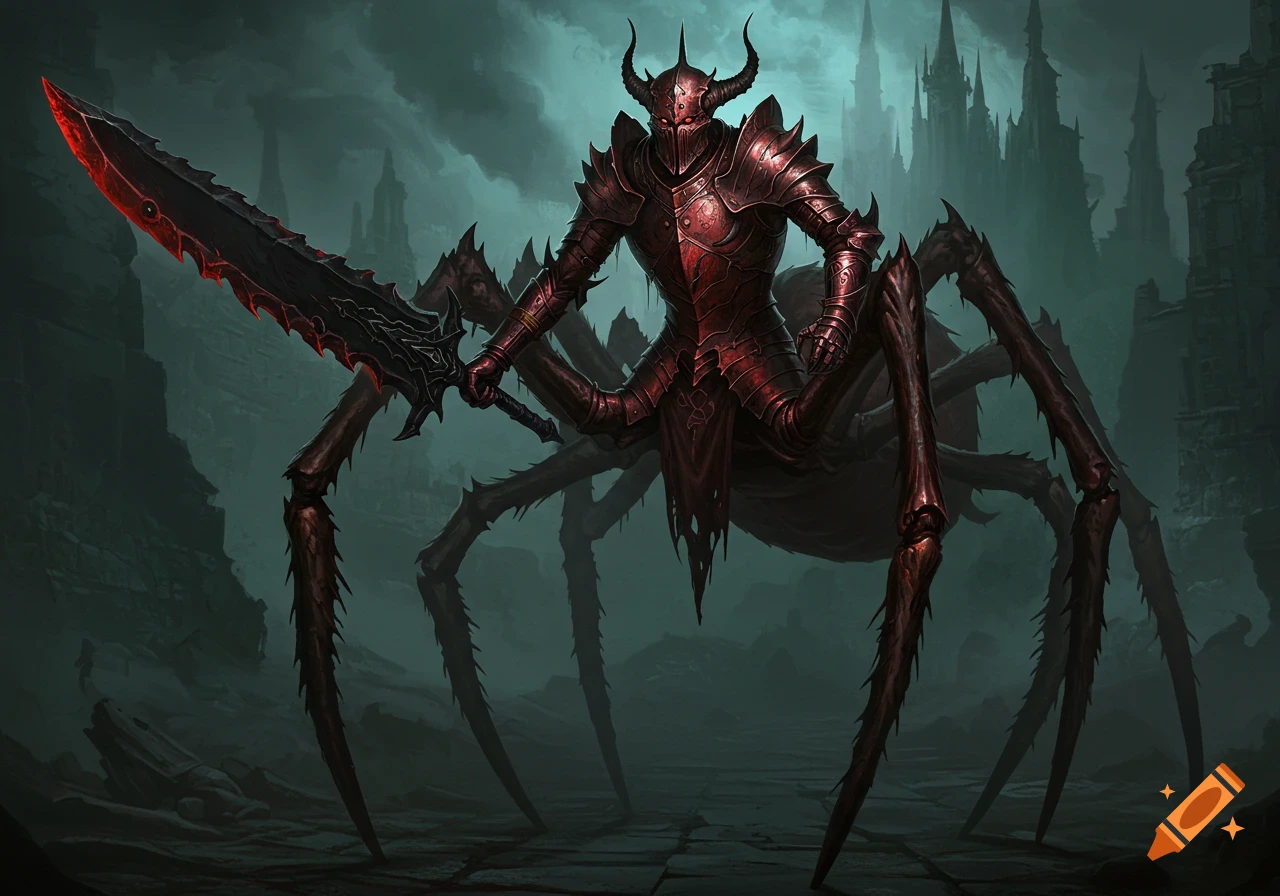 A terrifying humanoid spider knight in red armor holding a large sword, standing in a dark, desolate landscape with Gothic ruins.