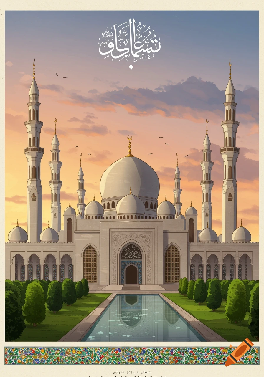 A grand white mosque with multiple domes and minarets at sunset, with a reflective pool and garden in front, under Arabic calligraphy.
