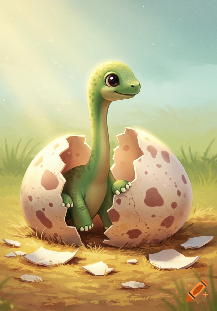 A cute green long-neck baby dinosaur hatches from a cracked egg in a grassy field, cartoon illustration.