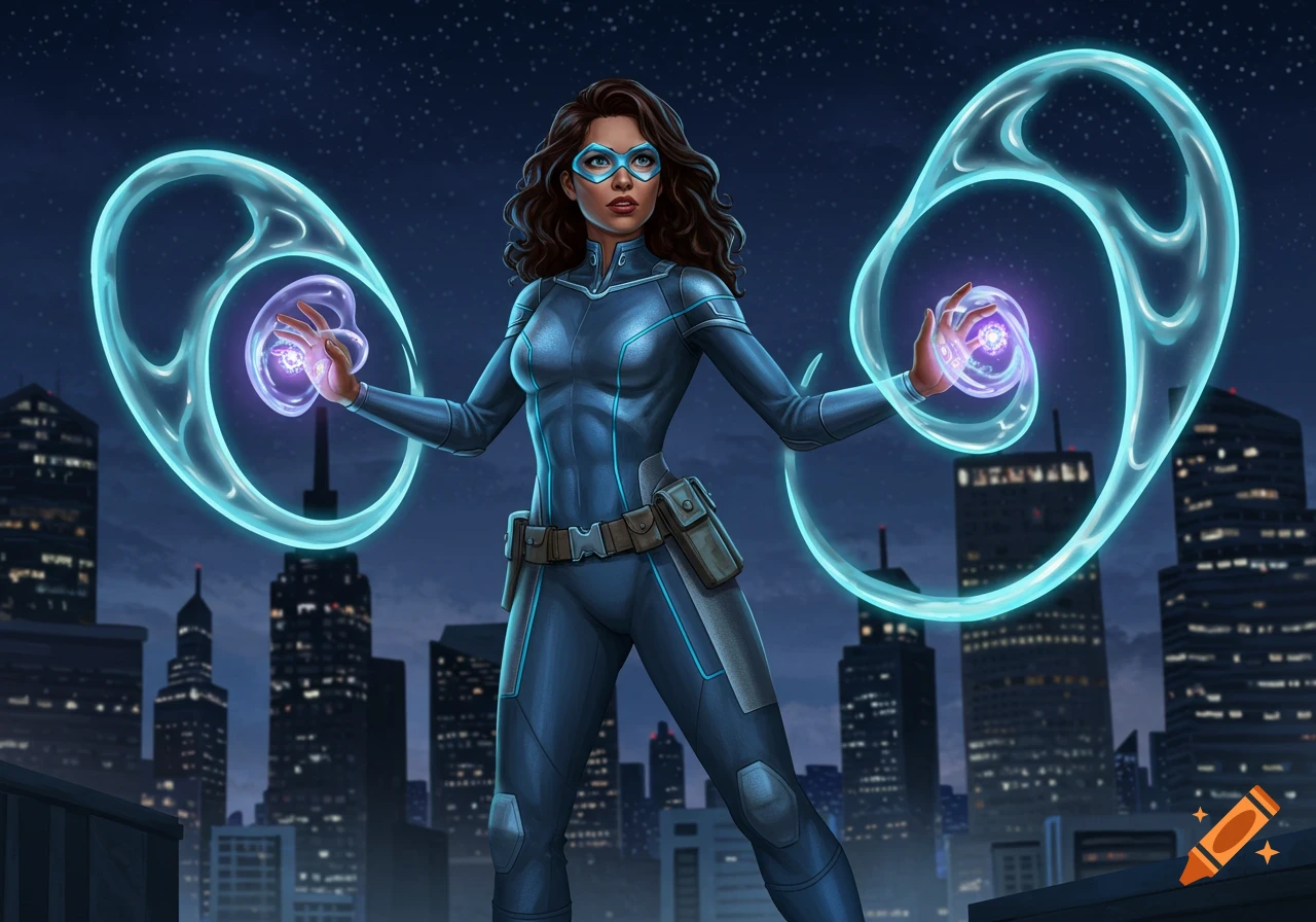 A brunette woman in a blue superhero suit and mask projects glowing blue psionic energy, standing on a rooftop with a city skyline at night.