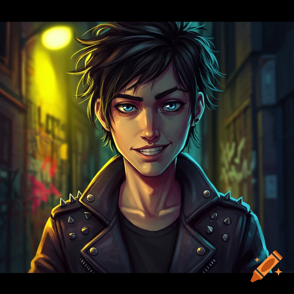 Stylized digital art of a smiling person with short messy black hair and blue eyes, wearing a studded leather jacket in a dark urban alley.